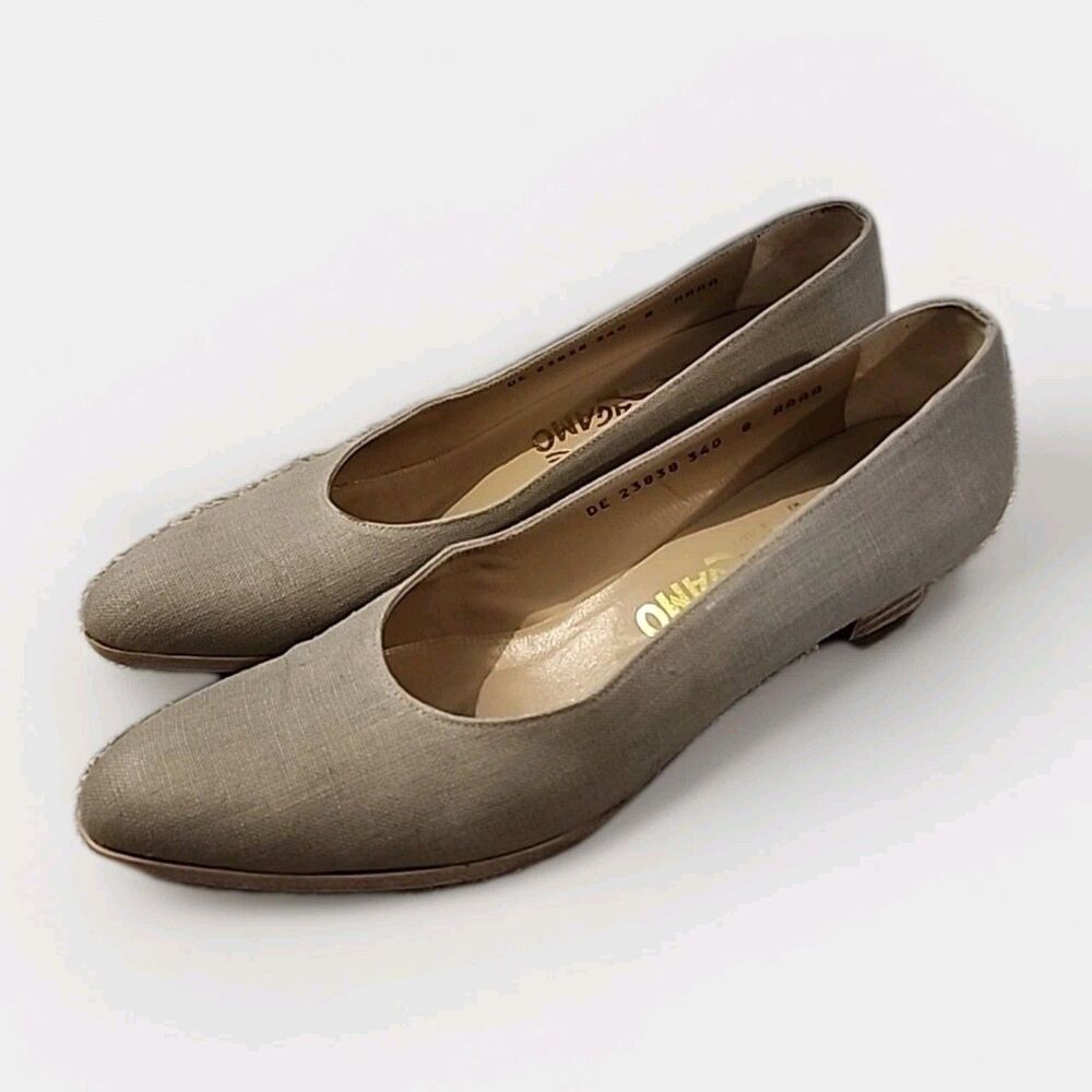 Salvatore Ferragamo Pumps Womens Size 8 Gray Low Block Heel Woven Italy Vintage